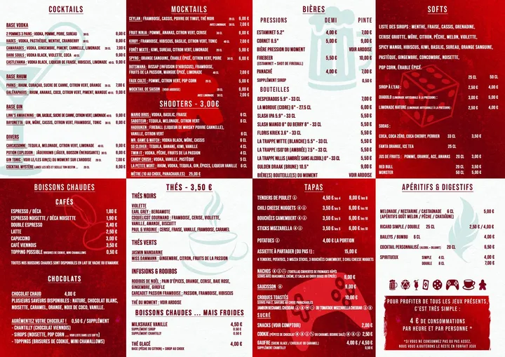 La carte comptoir du Repaire du Phoenix : boissons, softs et snacks du bar à jeux